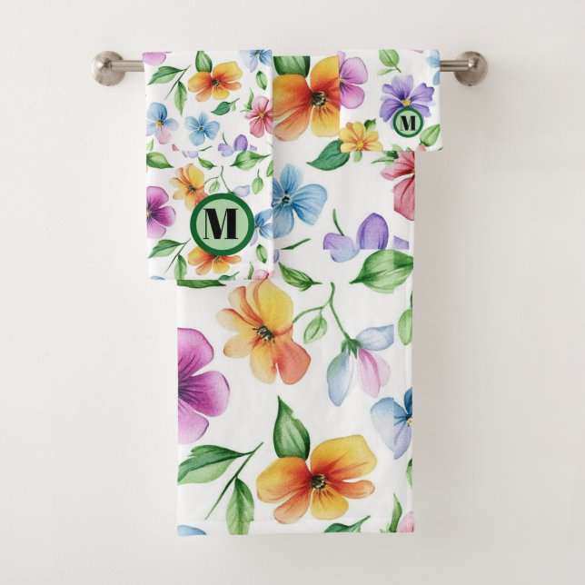 Rustic Eucalyptus Watercolor Pattern Monogram Bath Towel Set (Insitu)