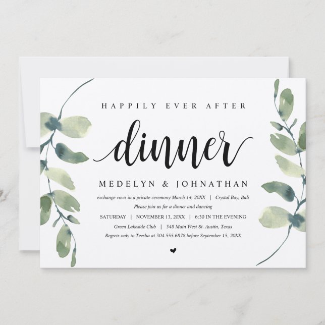 Rustic Eucalyptus, Wedding Elopement Dinner Invita Invitation (Front)