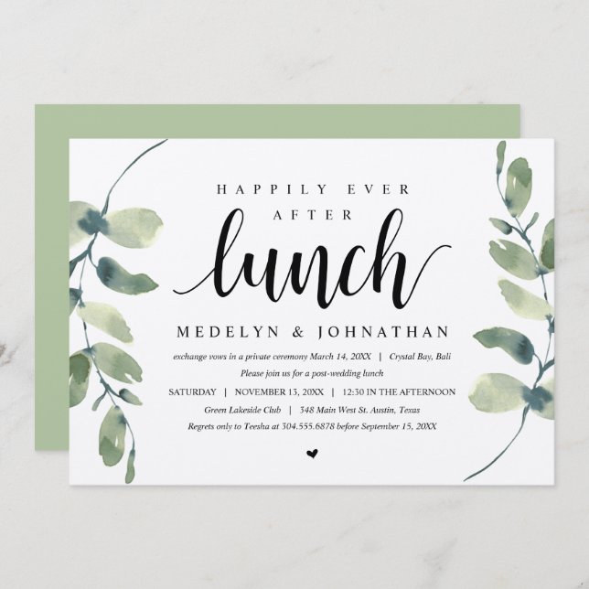 Rustic Eucalyptus, Wedding Elopement Lunch Invitat Invitation (Front/Back)