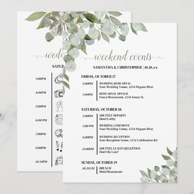 Rustic Eucalyptus Wedding Events & Timeline Program (Front/Back)