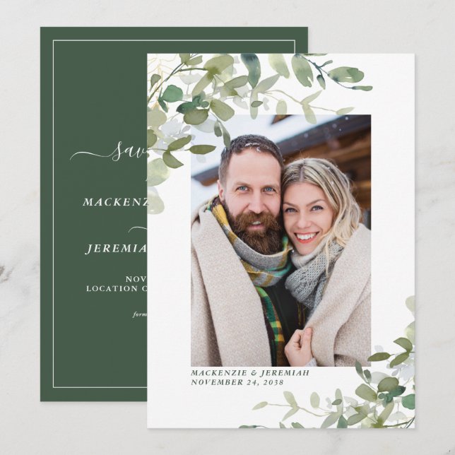 Rustic Eucalyptus Wedding Photo Save the Date (Front/Back)