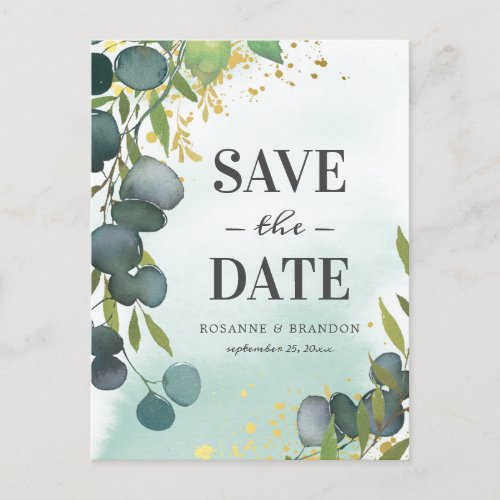 Rustic Eucalyptus Wedding Save the Date Announcement Postcard - Elegant green wedding save the date postcards featuring a rustic faded watercolor washed out background, botanical eucalyptus leaves, splashes of faux gold foil, and a simple wedding announcement template that is easy to personalize.