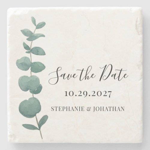 Rustic Eucalyptus Wedding Save The Date  Stone Coaster