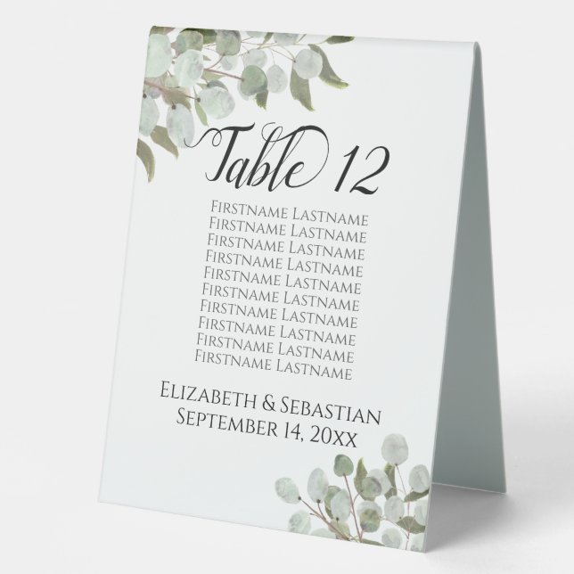 Rustic Eucalyptus Wedding Seating Chart & Number Table Tent (Front)