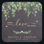 Rustic Eucalyptus Wedding Spread Love Not Germs  Square Sticker<br><div class="desc">Spread Love Not Germs Wedding Favor Sticker ! Add a sense of safety and comfort to your wedding while keeping guests comfortable. These rustic chalkboard and eucalyptus greenery hand sanitizer stickers are simple yet elegant. COPYRIGHT © 2020 Judy Burrows, Black Dog Art - All Rights Reserved. Rustic Eucalyptus Wedding Spread...</div>