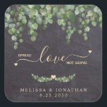 Rustic Eucalyptus Wedding Spread Love Not Germs  Square Sticker<br><div class="desc">Spread Love Not Germs Wedding Favor Sticker ! Add a sense of safety and comfort to your wedding while keeping guests comfortable. These rustic chalkboard and eucalyptus greenery hand sanitizer stickers are simple yet elegant. COPYRIGHT © 2020 Judy Burrows, Black Dog Art - All Rights Reserved. Rustic Eucalyptus Wedding Spread...</div>