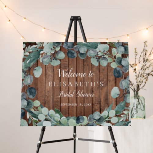 Rustic eucalyptus wood bridal shower welcome sign