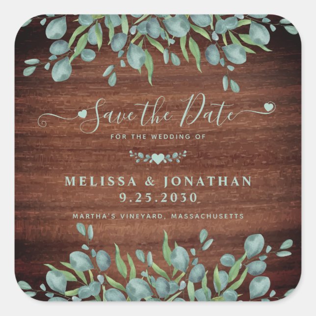  Rustic Eucalyptus Wood Wedding Save The Date Square Sticker (Front)