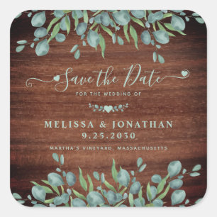 Rustic Eucalyptus Wood Wedding Save The Date Square Sticker