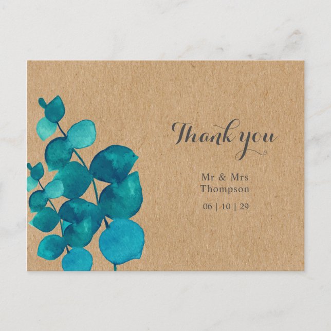 Rustic Eucalyptus Woodland Wedding Thank You Postcard (Front)