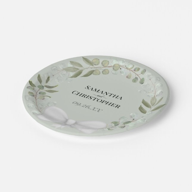 Rustic Eucalyptus Wreath Mint Green Wedding Paper Plates (Angled)