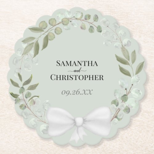 Rustic Eucalyptus Wreath Sage Green Wedding Paper  Paper Coaster