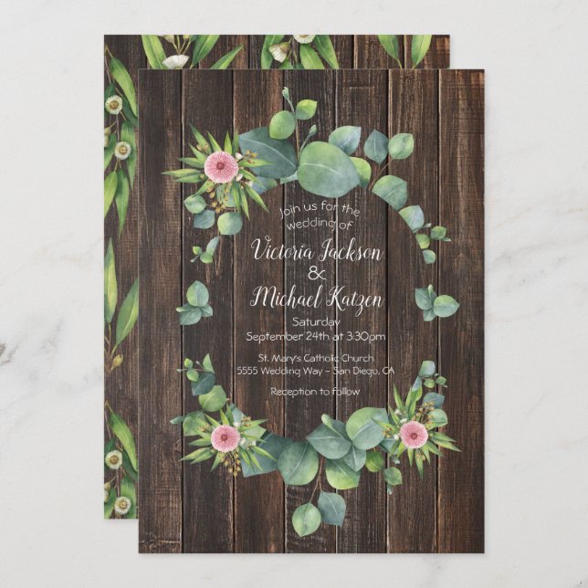 Rustic Eucalyptus Wreath Wedding Invitation (Front/Back)