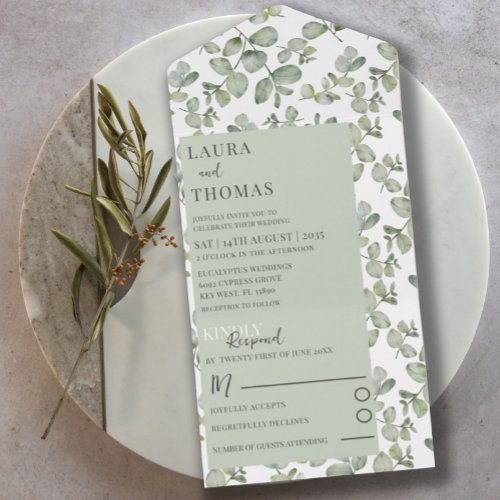 Rustic eucalyputus Sage Green Pattern Wedding All In One Invitation