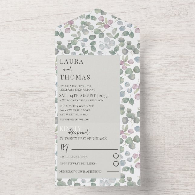 Rustic eucalyputus Sage Green Pattern Wedding All In One Invitation (Inside)