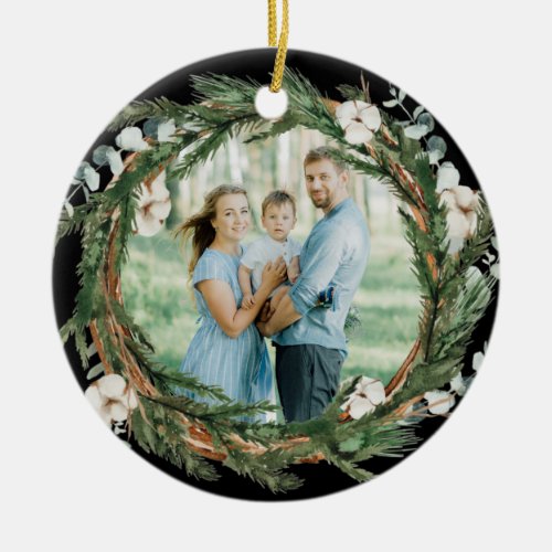 Rustic Eucalytus and Pine Wreath Christmas Photo Ceramic Ornament