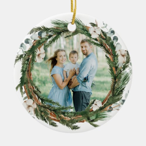 Rustic Eucalytus and Pine Wreath Christmas Photo Ceramic Ornament