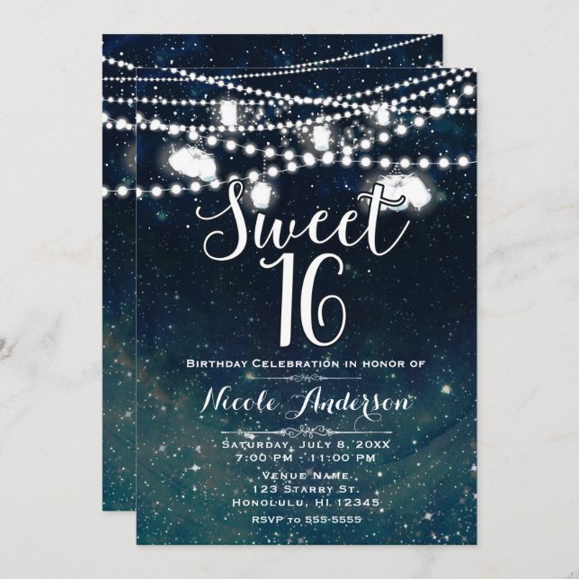 Rustic Evening Night Sky Mason Jar Lights SWEET 16 Invitation (Front/Back)