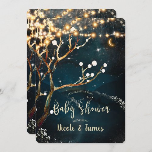 Rustic Evening Tree Lights Starry Baby Shower Invitation