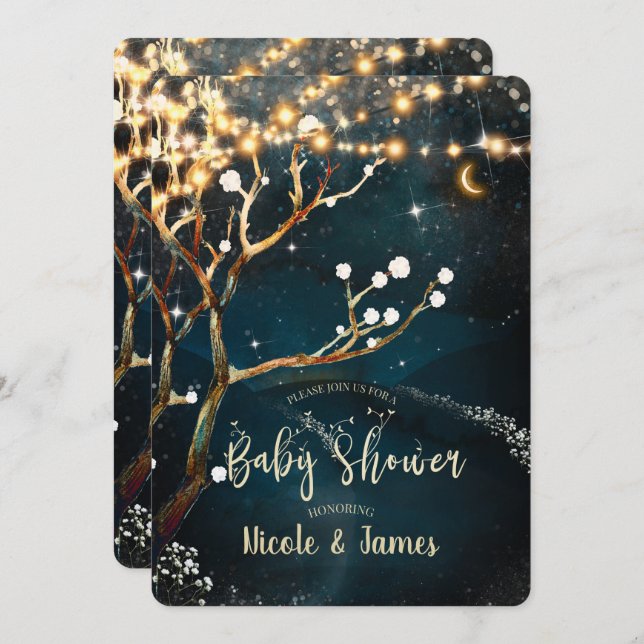 Rustic Evening Tree Lights Starry Baby Shower Invitation (Front/Back)