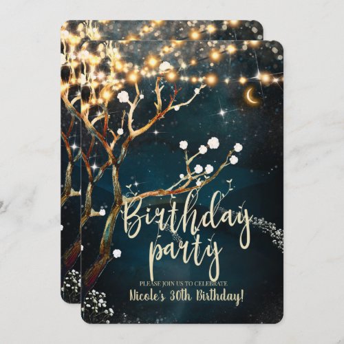 Rustic Evening Tree Lights Starry Birthday Party Invitation