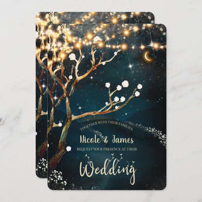 Rustic Evening Tree Lights Starry Night Wedding Invitation (Front/Back)