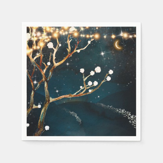Rustic Evening Tree Lights Starry Night Wedding Napkins (Front)