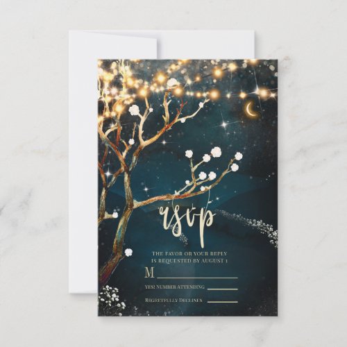 Rustic Evening Tree Lights Starry Night Wedding RSVP Card