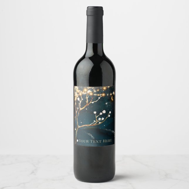 Rustic Evening Tree Lights Starry Night Wedding Wine Label (Front)