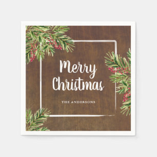 Rustic Evergreen and Berries Merry Christmas Napkins
