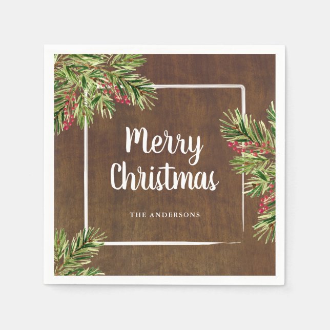 Rustic Evergreen and Berries Merry Christmas Napkins (Front)