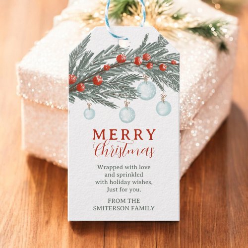 Rustic Evergreen Branch Red Berry Merry Christmas Gift Tags