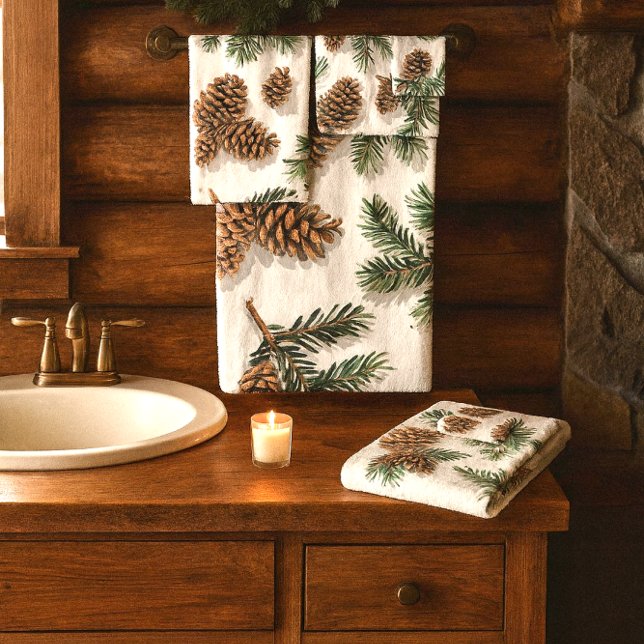 Rustic Evergreen Forest  Bath Towel Set (Cozy cabin evergreen and pinecone bathroom towels. Buy set or separates. )