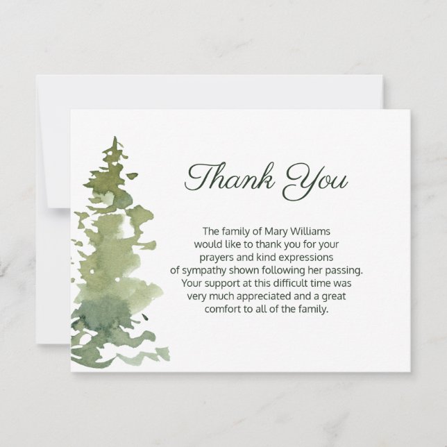Rustic Evergreen Funeral Thank You Note Card (Front)