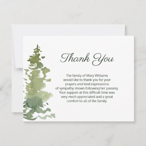 Rustic Evergreen Funeral Thank You Note Card