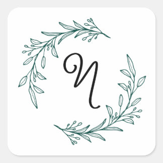 Rustic Evergreen Personalized Name Initial Wreath Square Sticker