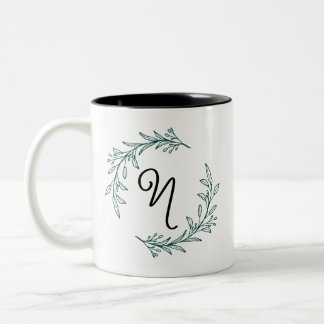 Rustic Evergreen Personalized Name Initial Wreath Two-Tone Coffee Mug