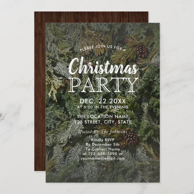 Rustic Evergreen & Pine Branches Christmas Party Invitation (Front/Back)