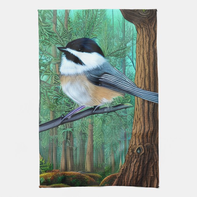 Rustic Evergreen Pine Chickadee Kitchen Towel (Vertical)