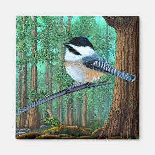 Rustic Evergreen Pine Chickadee Magnet