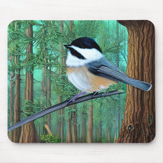 Rustic Evergreen Pine Chickadee Mouse Pad (Front)