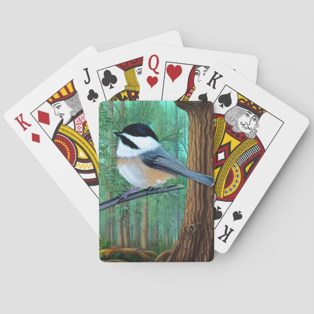 Rustic Evergreen Pine Chickadee Poker Cards (Back)