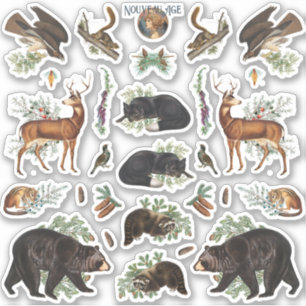 Rustic Evergreen Pine Forest Animals Sticker Sheet