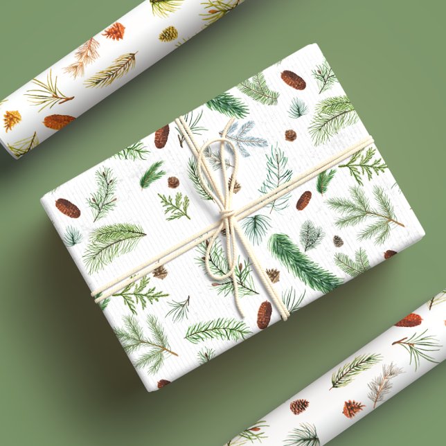 Rustic Evergreen Pine Tree Watercolor Christmas Wrapping Paper Sheets (Creator Uploaded)