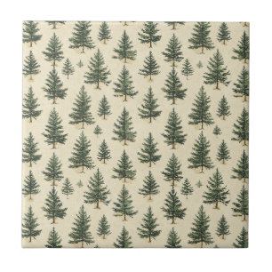 Rustic Evergreen Tree Sketch Cream Woodland Ceramic Tile