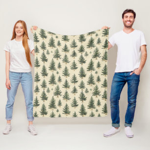 Rustic Evergreen Tree Sketch Cream Woodland Fleece Blanket