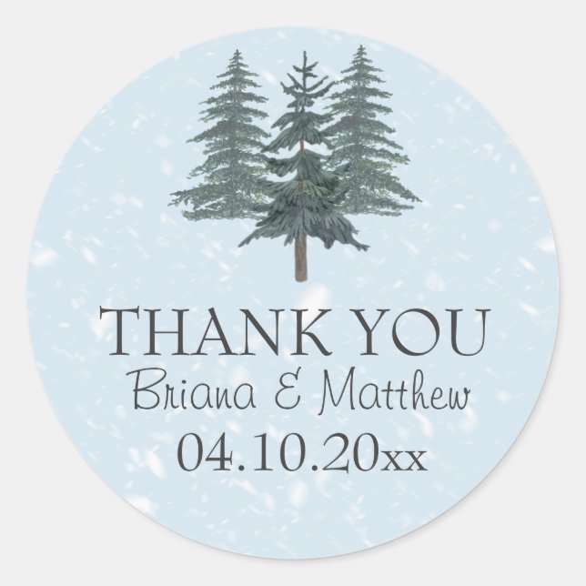 Rustic Evergreen Winter Pine Trees Wedding Favor Classic Round Sticker (Front)