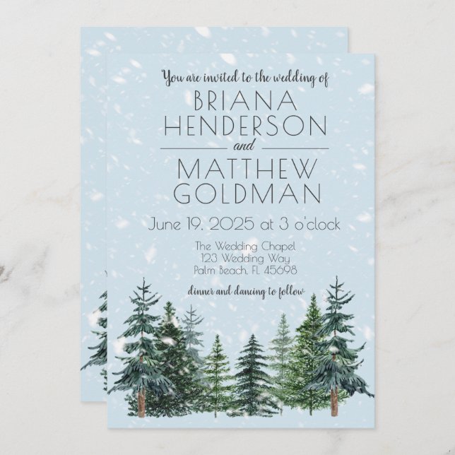 Rustic Evergreen Winter Pine Trees Wedding Invitation (Front/Back)