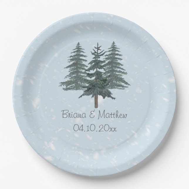 Rustic Evergreen Winter Pine Wedding Paper Plates (Front)
