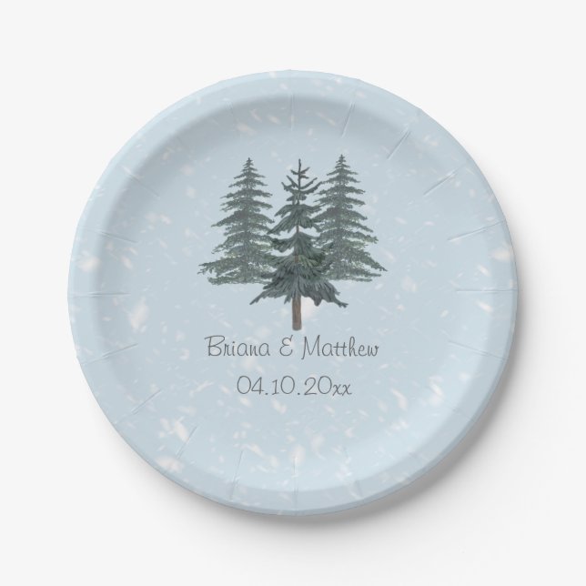Rustic Evergreen Winter Pine Wedding Paper Plates (Front)